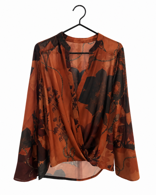 Next Petite Rust Floral Wrap-Effect Blouse | UK 12P | Long Sleeve