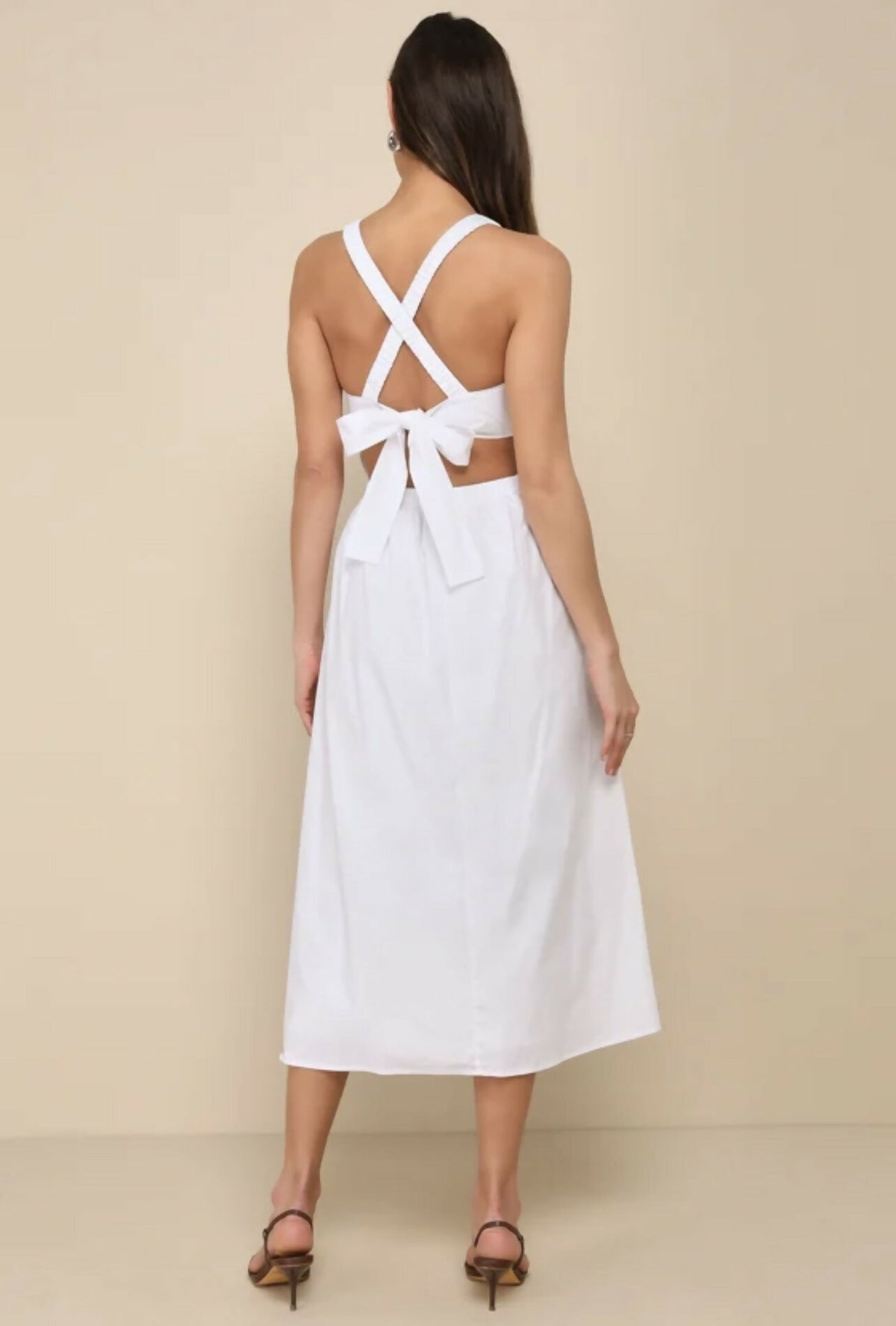 Strolling Sicily White Pleated Backless Midi Dress With Pockets