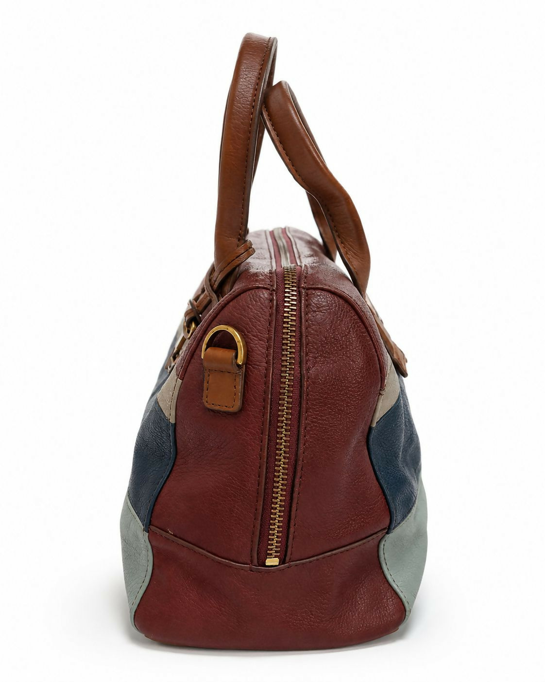 Fossil Colour-Block Leather Satchel Handbag | Burgundy, Navy & Grey