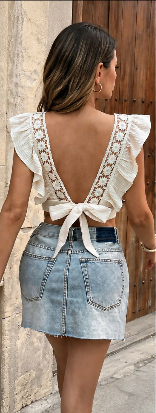 Lace Ruffled Crop Top - XS