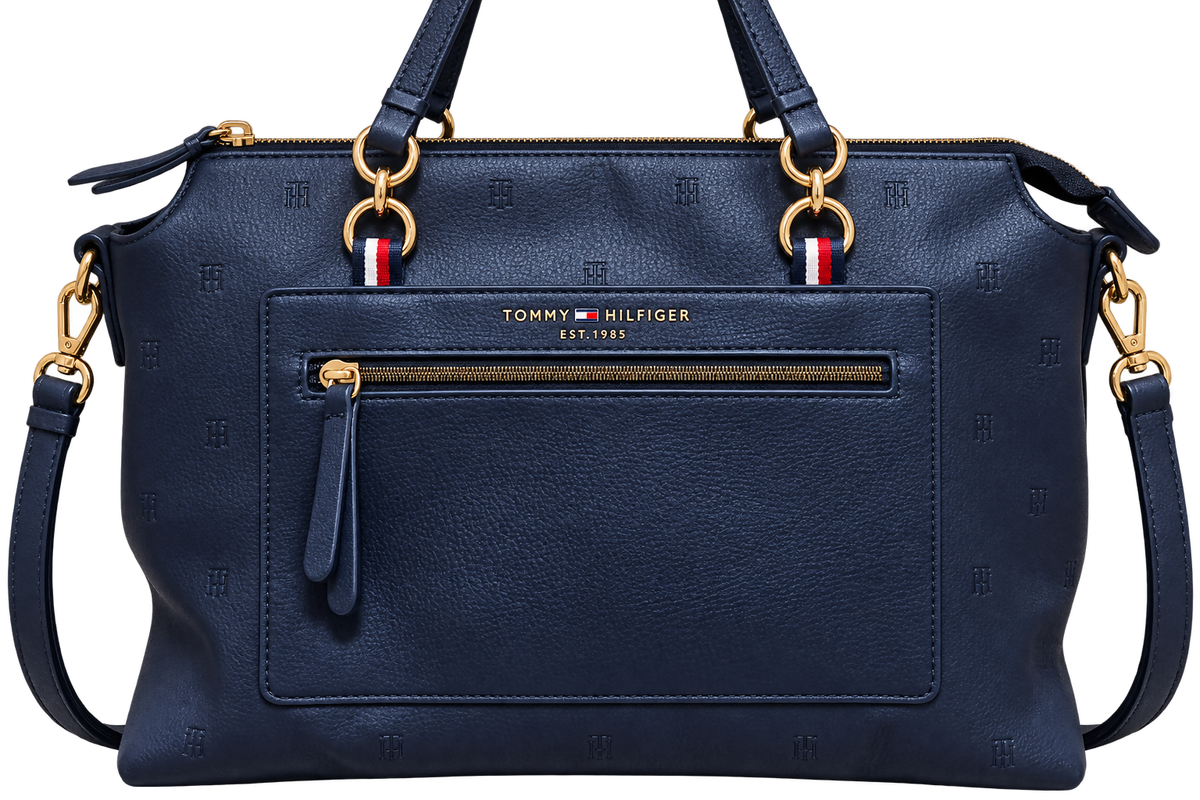 Tommy Hilfiger Tote Bag – Navy with Gold Hardware & Crossbody Strap.