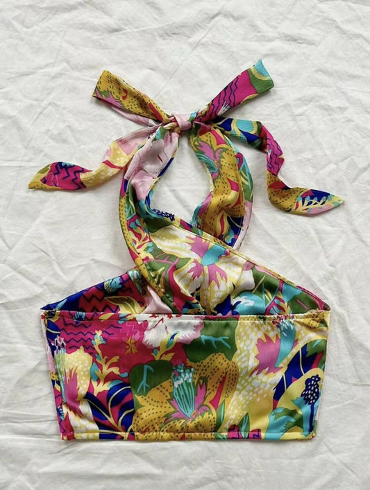 Soleia WYWH Summer Women Tropical Beachfront Casual Colorful Floral Print Criss-Cross Halter Backless Bow Top