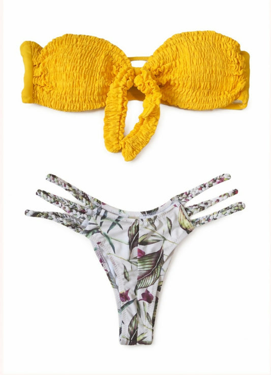 Textured Bandeau Floral Print Bikini