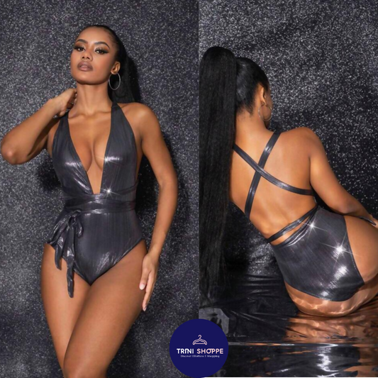 Shiny Black Plunge Swimsuit