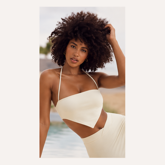 Oh Polly Ivory Halter Neck Angled Hem Crop Top