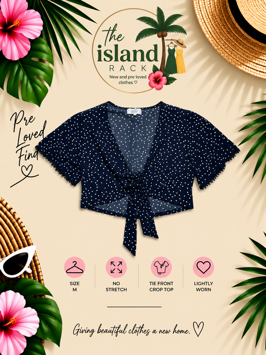 Navy Polka Dot Tie-Front Crop Top