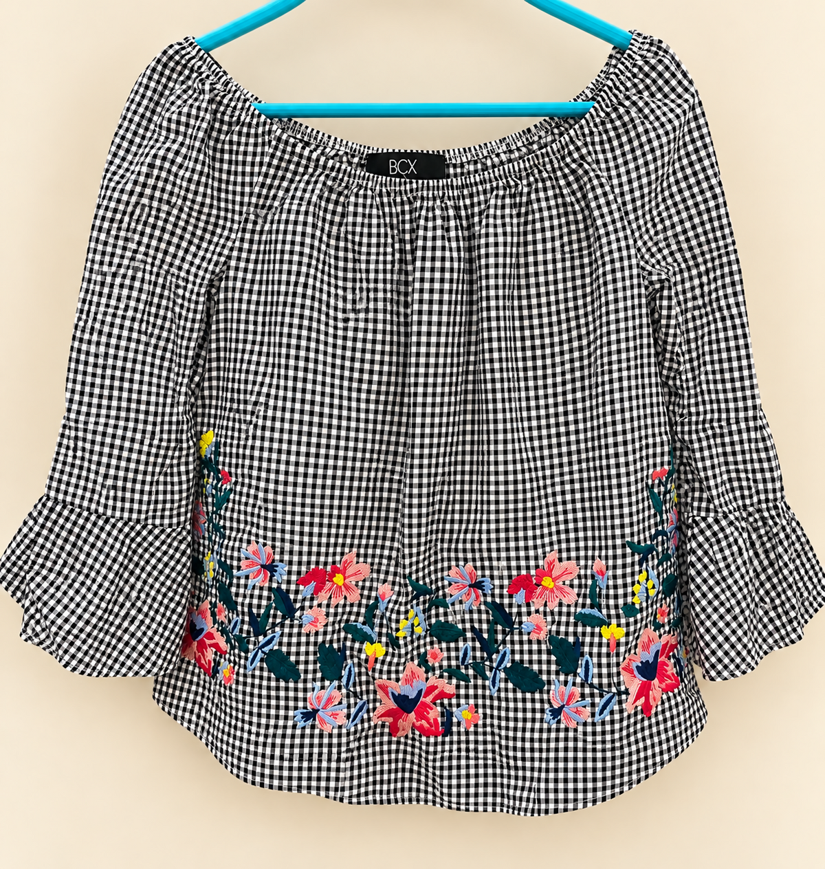 BCX Gingham Embroidered Peasant Top – XXS
