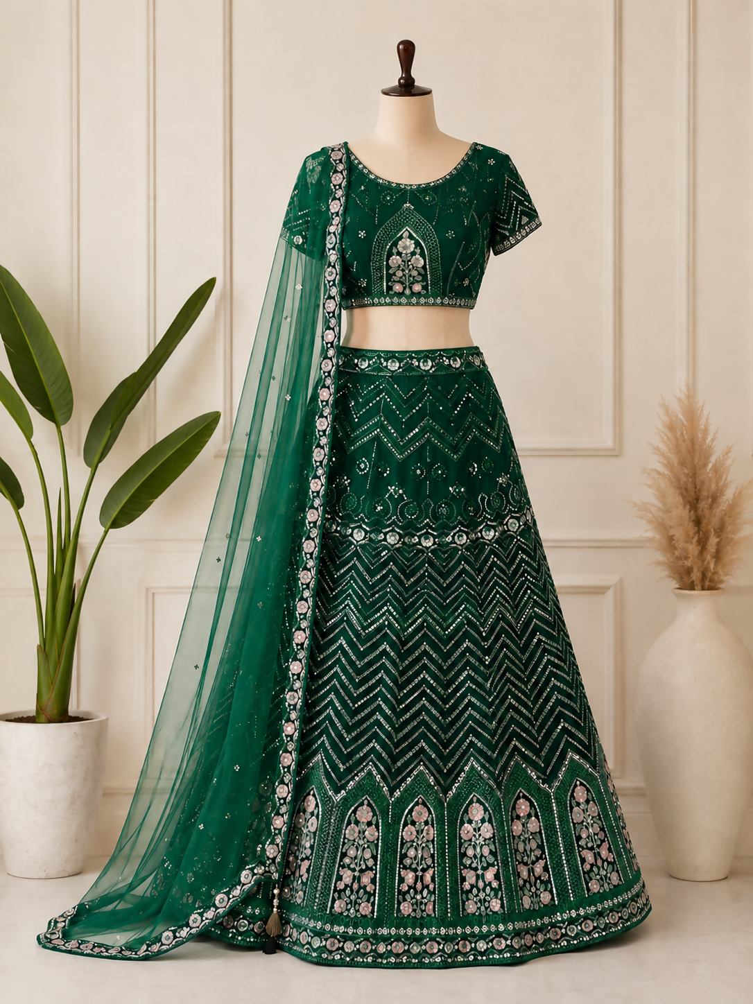 Emerald Green Embroidered Lehenga Set