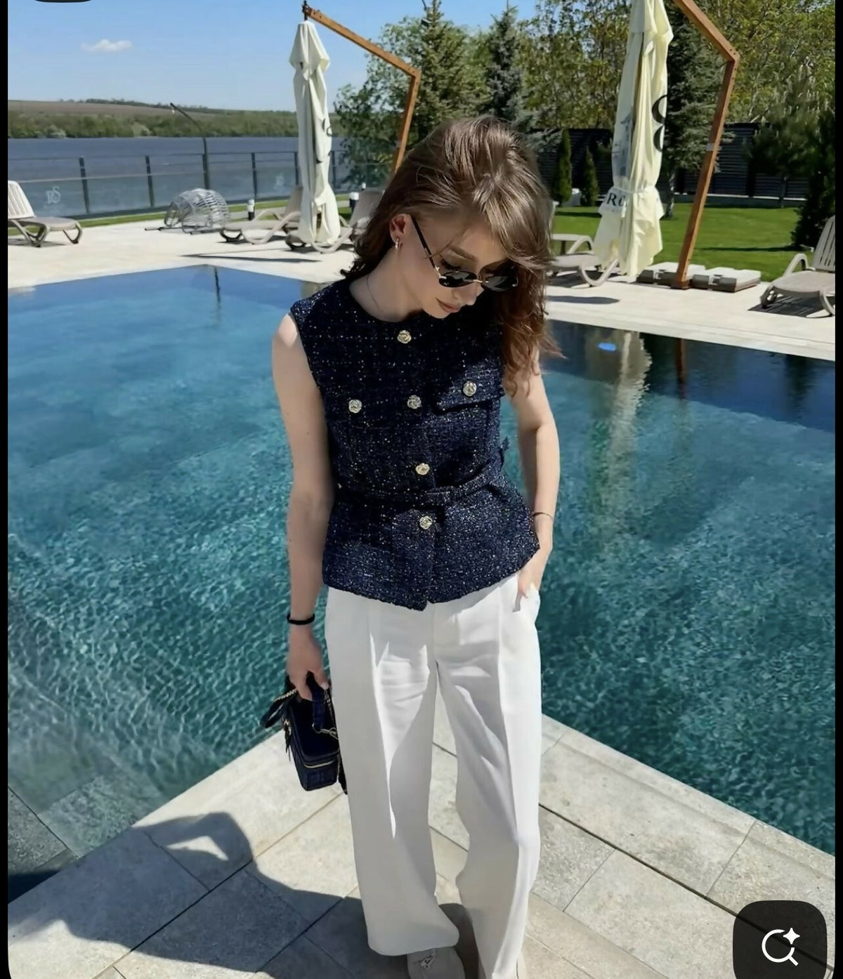 ZARA NAVY BLUE ELEGANT BELTED SEQUIN STRUCTURED TWEED VEST