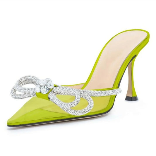 (NEW) Clear PVC Pointed Toe Rhinestone Bow-Knot Heels