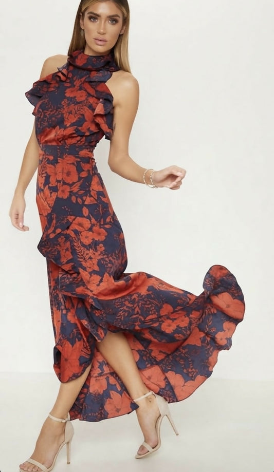 Pretty Little Things Halter Chiffon Ruffle Maxi Dress