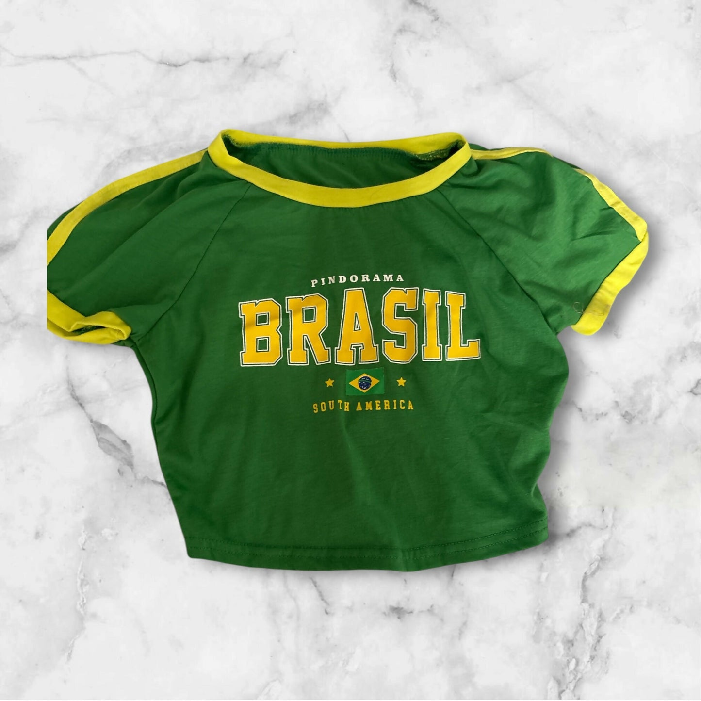 Brazil Letter Graphic Contrast Trim Raglan Sleeve Crop Tee