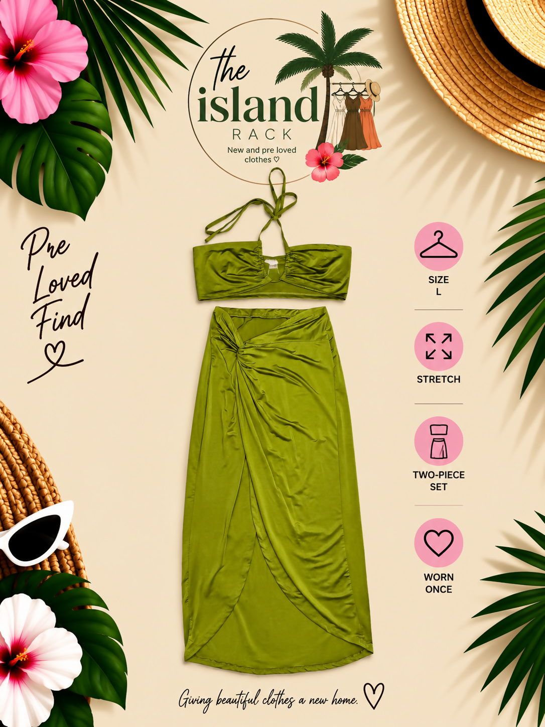 SHEIN ICON Green Halter Top & Twist-Front Maxi Skirt Set