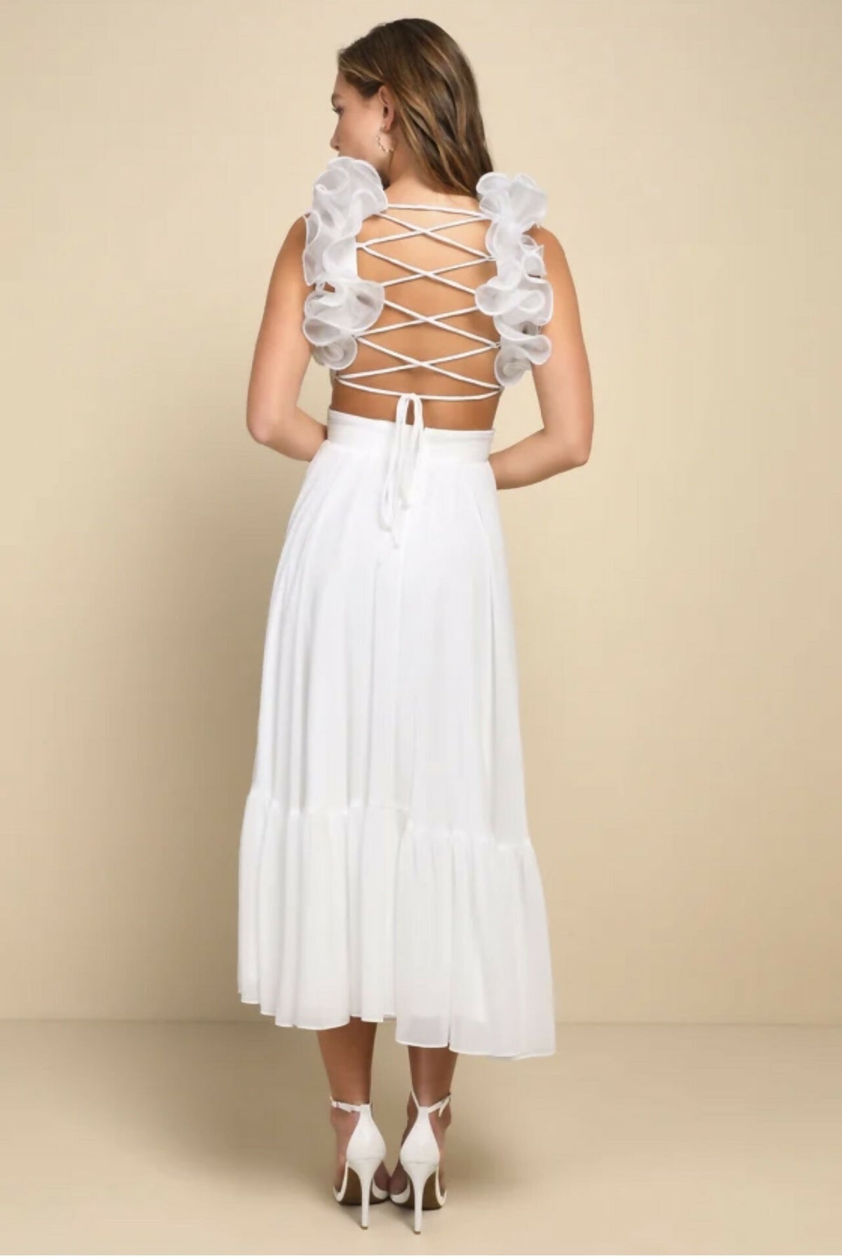 Contemporary Poise White Pleated Ruffled Lace-Up Midi Dress