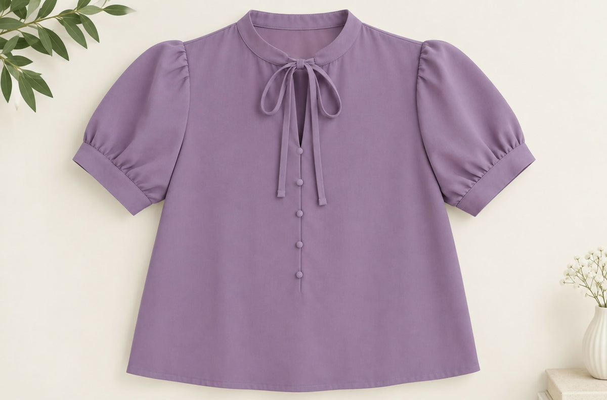 Lavender Puff Sleeve Bow Blouse
