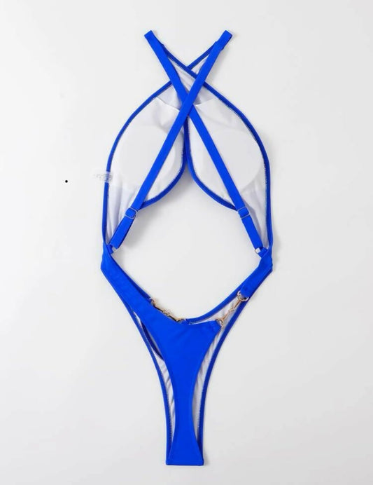 NEON BLUE HALTER SWIMSUIT