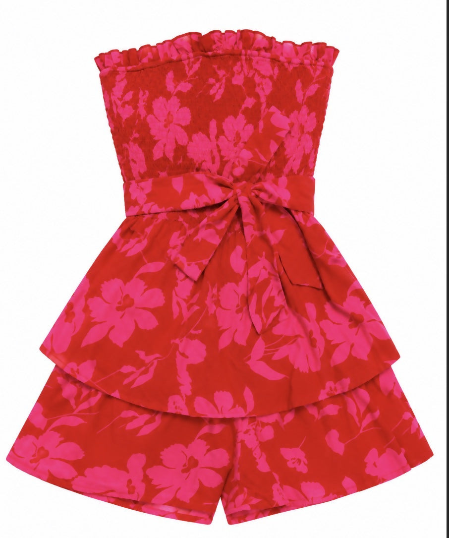 Strapless pink floral romper