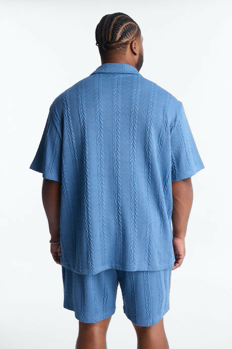 Fashion Nova Textured Stripes Cuban Short Sleeve Button Up Shirt