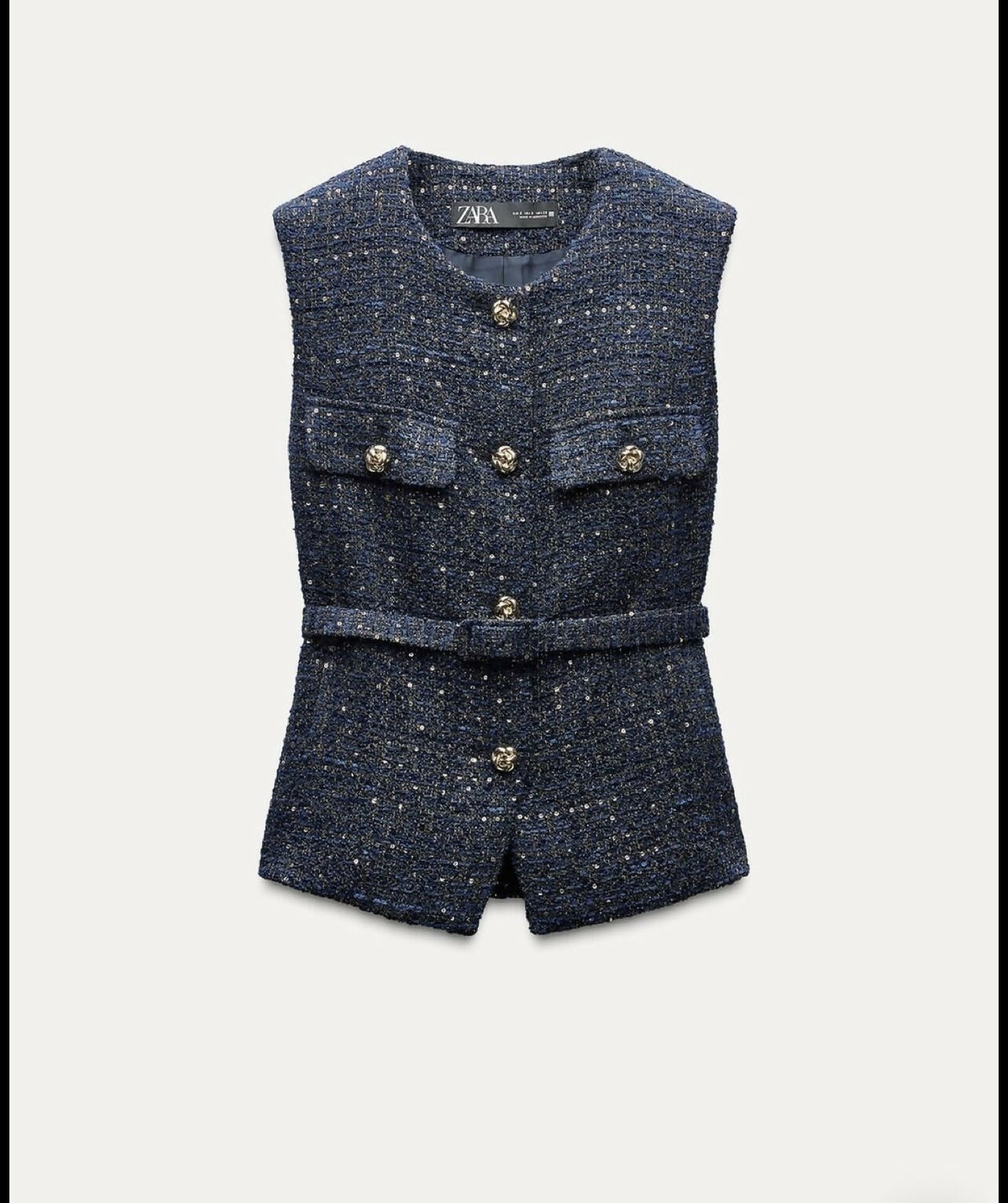ZARA NAVY BLUE ELEGANT BELTED SEQUIN STRUCTURED TWEED VEST