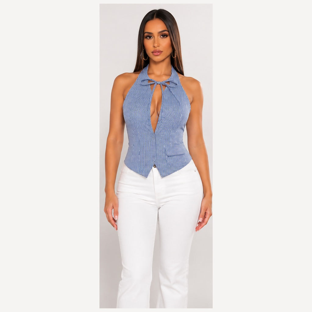 Zara Blue Gingham Halter Vest Top