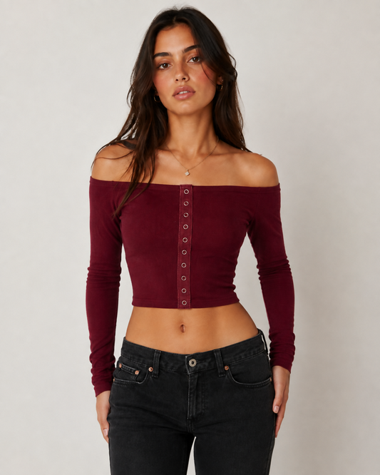 Ribbed Off-the-Shoulder Snap Button Crop Top