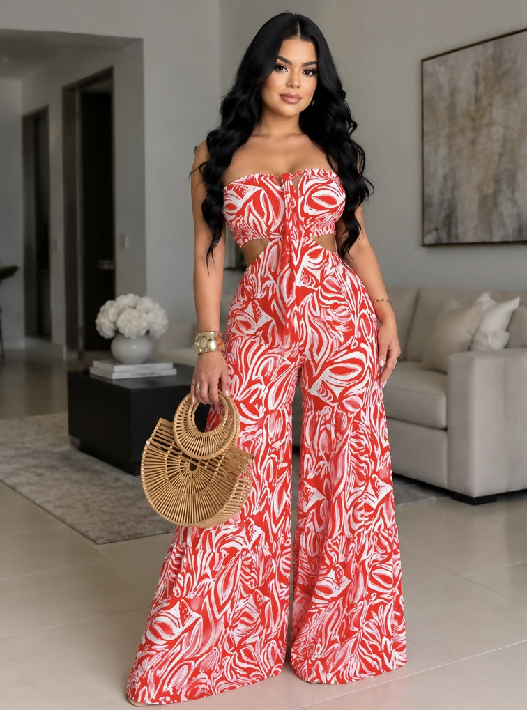 Red & White Abstract Print Strapless Two Piece Set