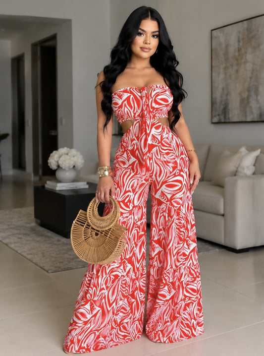 Red & White Abstract Print Strapless Two Piece Set