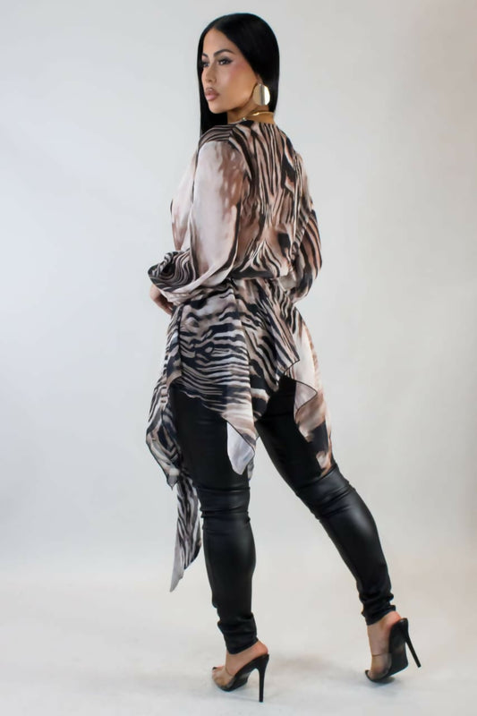 Brown Animal Print Chiffon Blouse with Belt