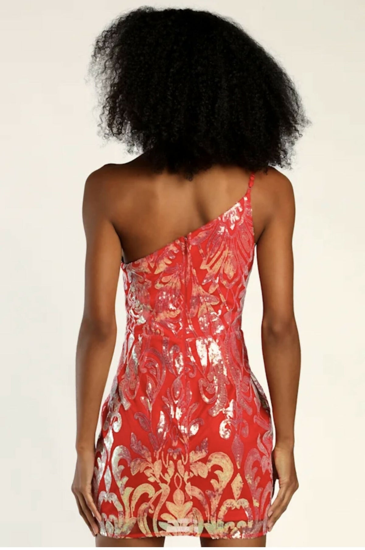 Mesmerizing Shine Red Iridescent Sequin One-Shoulder Mini Dress