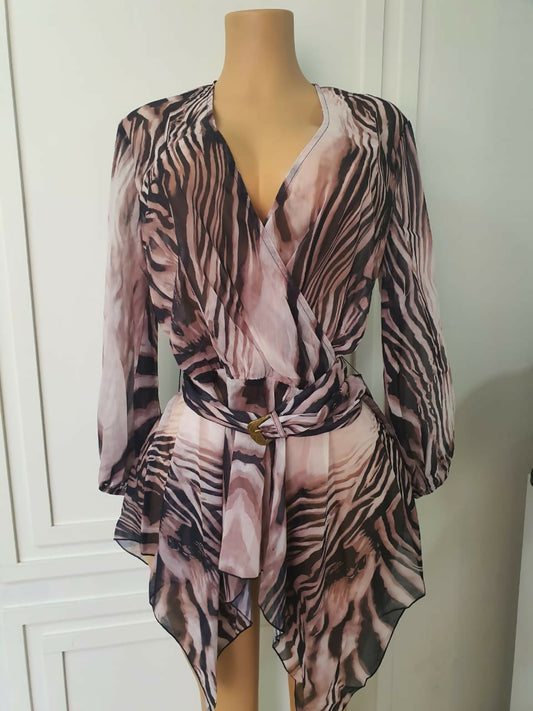 Brown Animal Print Chiffon Blouse with Belt