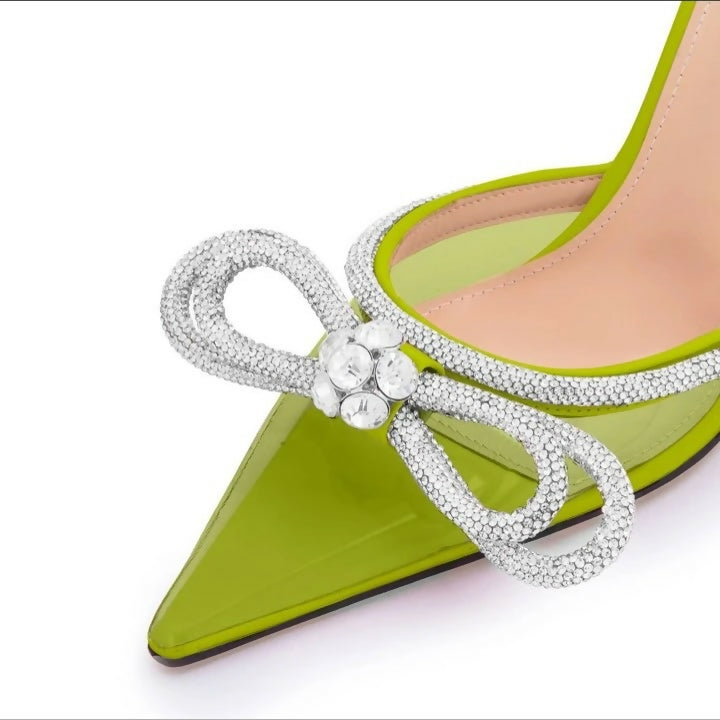 (NEW) Clear PVC Pointed Toe Rhinestone Bow-Knot Heels