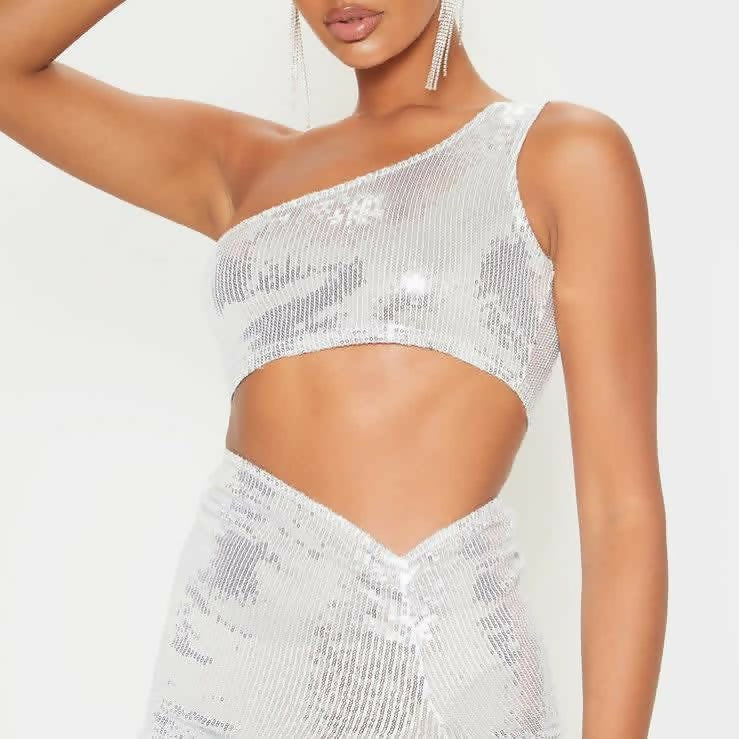 (NEW) One Shoulder Sequin Crop Top