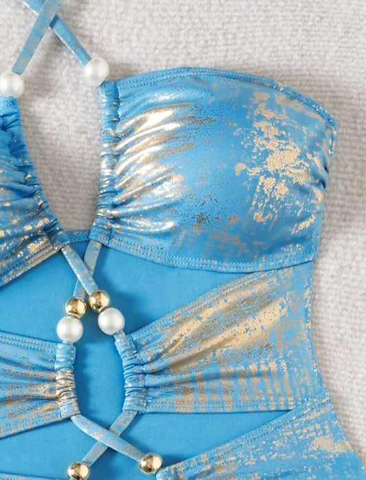 New Blue Metallic Knit Halter Twist Front Criss-Cross Backless Pearls Decor Drawstring Hollow Sexy Beachwear Swimsuit One-Piece