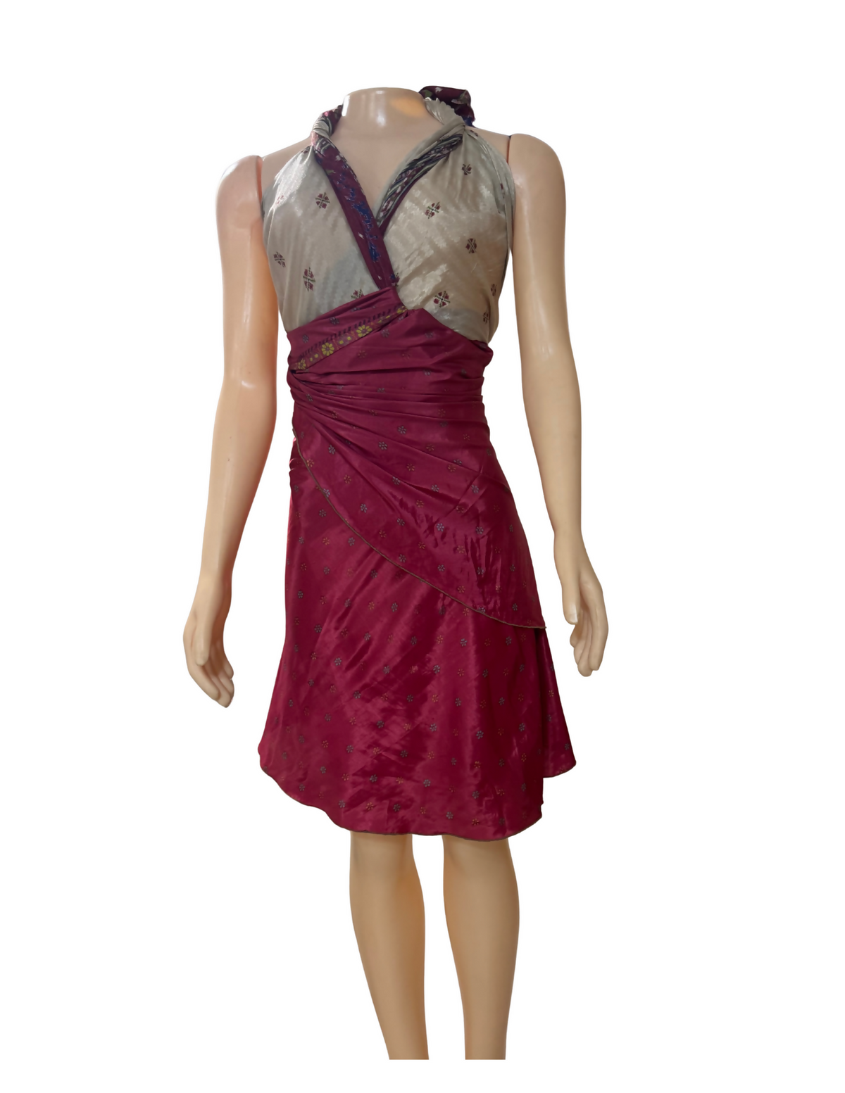 Kariza Silk Blend Multiway Wrap Dress, Burgundy, pink & Cream Sari Print