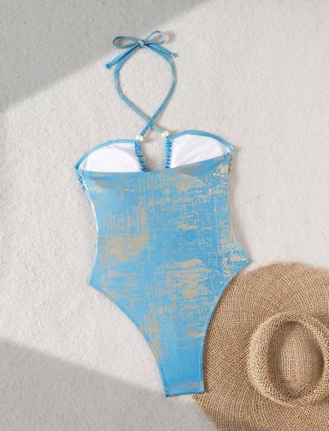 New Blue Metallic Knit Halter Twist Front Criss-Cross Backless Pearls Decor Drawstring Hollow Sexy Beachwear Swimsuit One-Piece