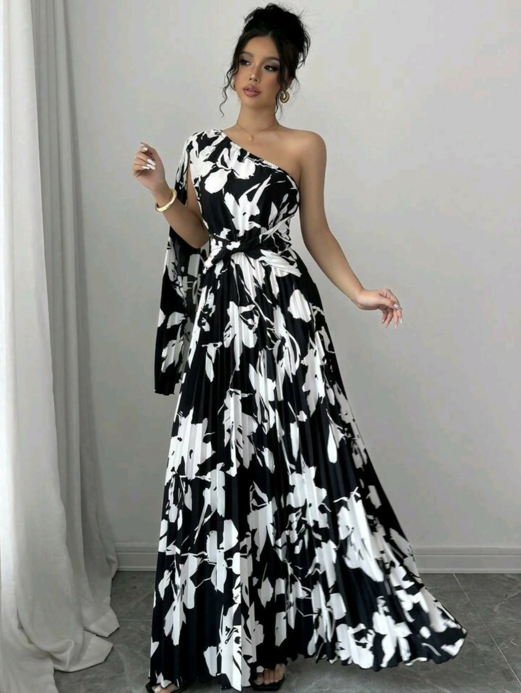 Monochrome Abstract Floral One-Shoulder Pleated Maxi Dress