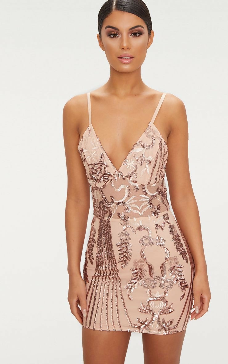 (NEW) Strappy Sheer Panel Sequin Bodycon Dress