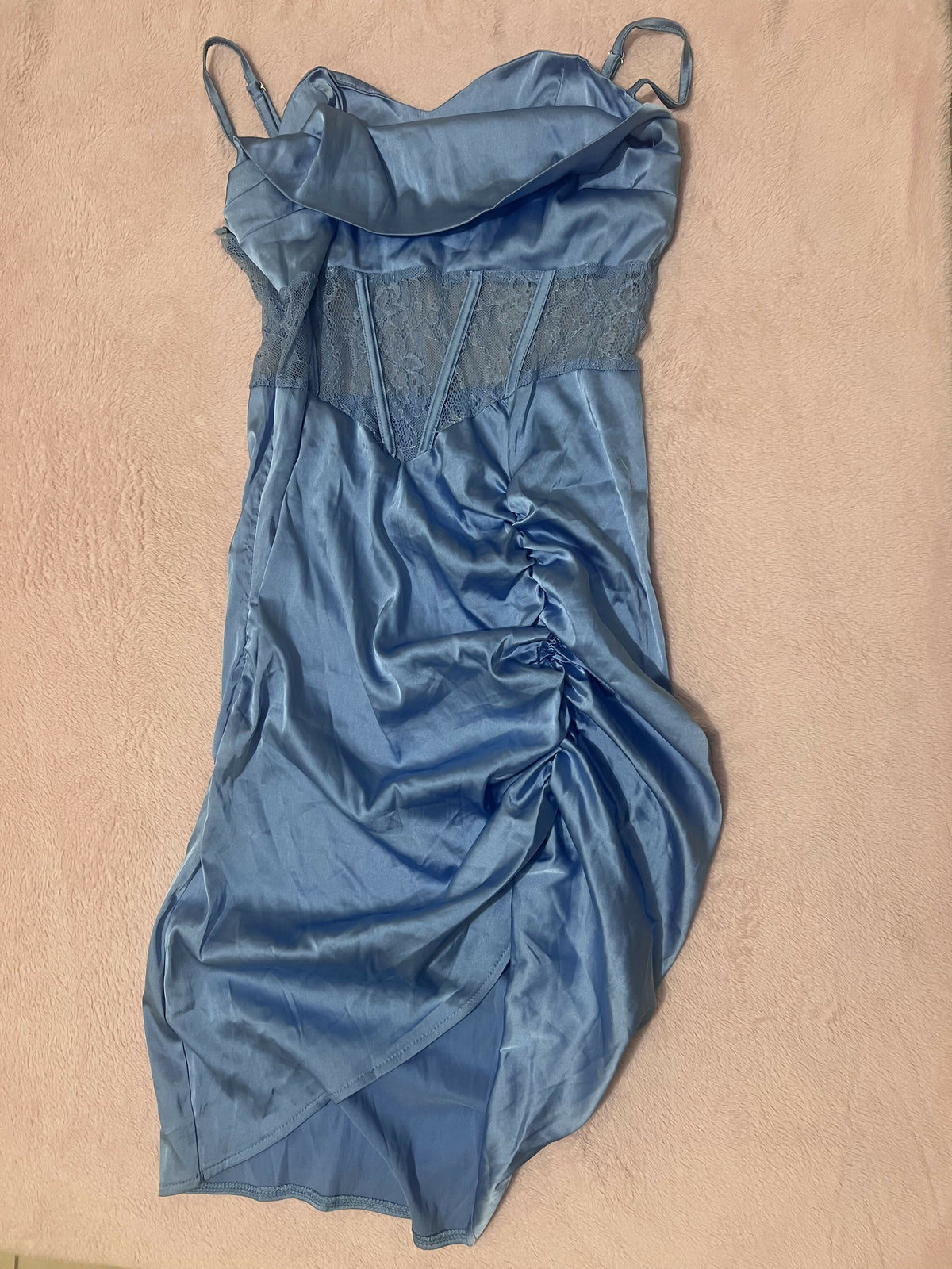 BLUE SATIN RUCHED SLIT DRESS
