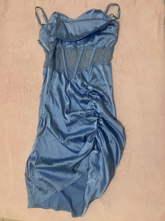 BLUE SATIN RUCHED SLIT DRESS