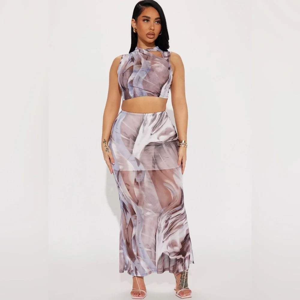 Mesh Two Piece Abstract Skirt Set