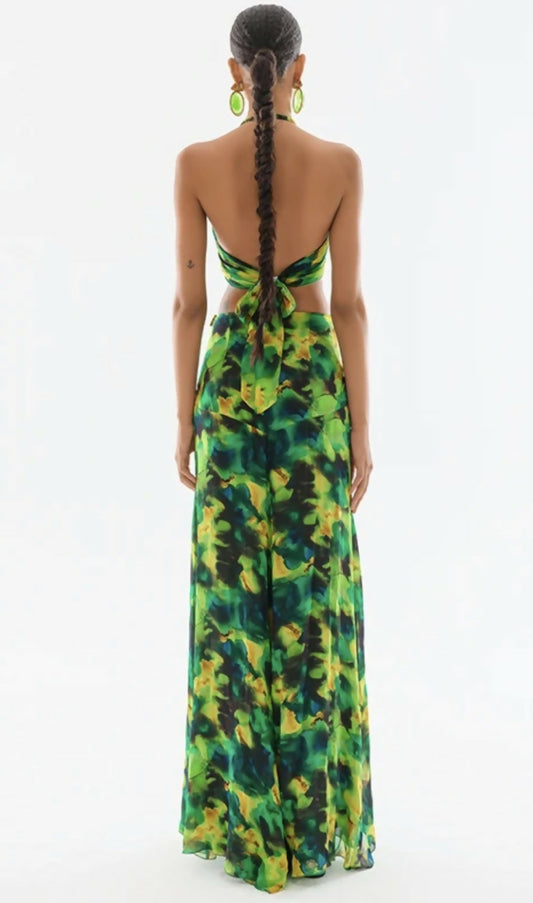 H and Y collection Raisa Vanessa 2 piece: Tie top and V-Waist Chiffon Ruffle Maxi Skirt With Gold Belt