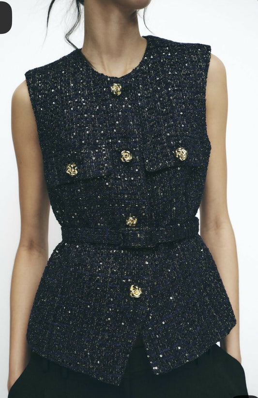 ZARA NAVY BLUE ELEGANT BELTED SEQUIN STRUCTURED TWEED VEST