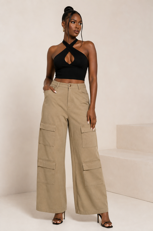 High Waisted Khaki Cargo Pants