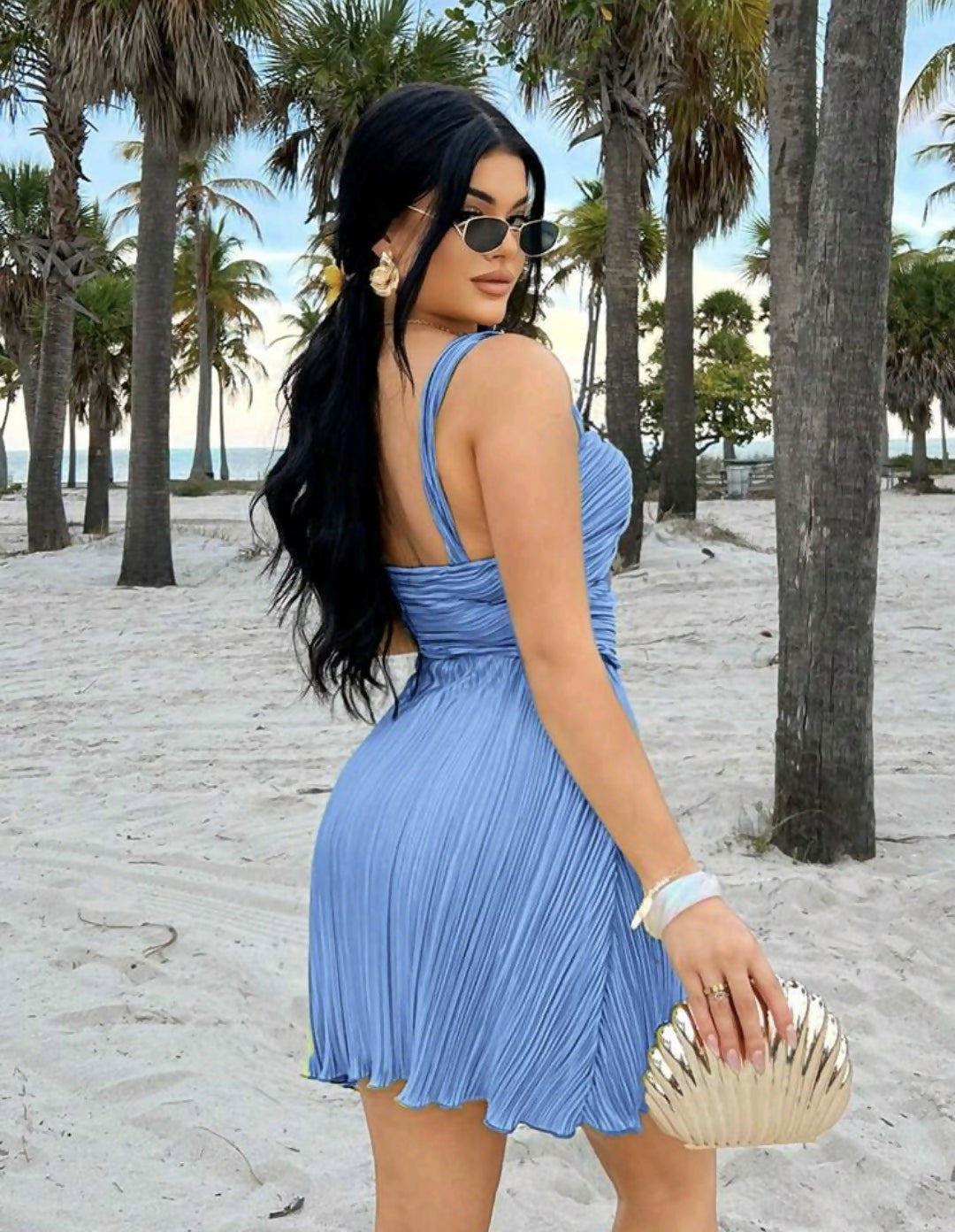 Ocean Blue Pleated Starfish Cutout Mini Dress