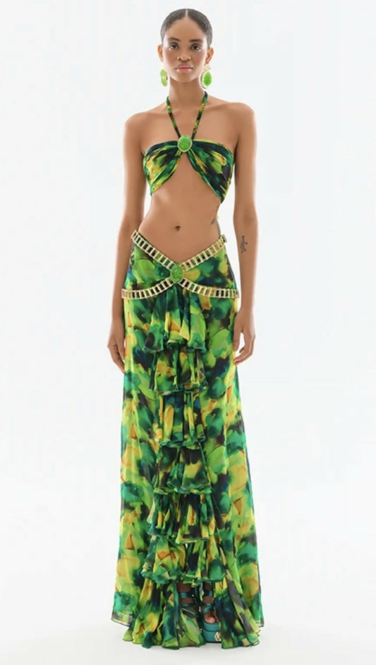 H and Y collection Raisa Vanessa 2 piece: Tie top and V-Waist Chiffon Ruffle Maxi Skirt With Gold Belt