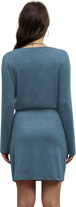 Loose V Neck Long Sleeve T Shirts Casual Sundresses Tie Front A-Line