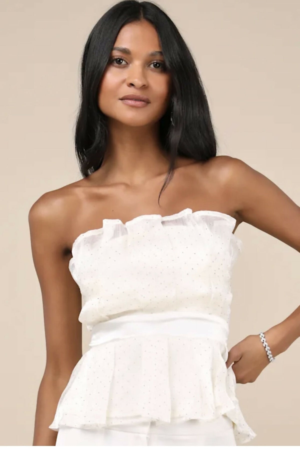 LULUS VOGUISH PASSION IVORY PLEATED RHINESTONE STRAPLESS TOP