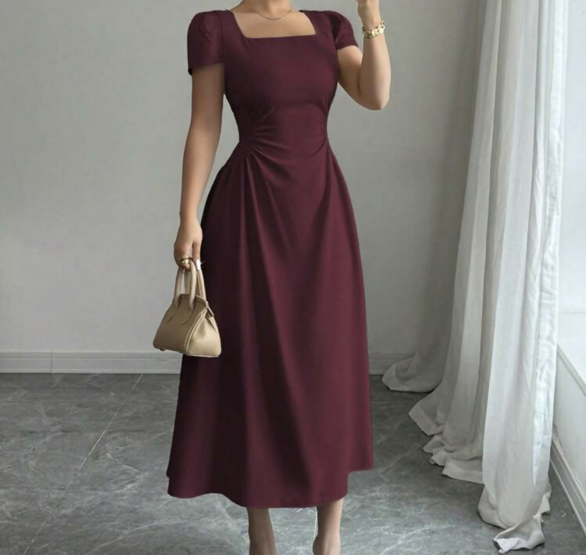Elegant Burgundy A-Line Midi Dress
