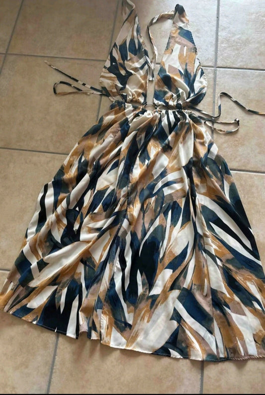 Print Tie Backless Halter Dress