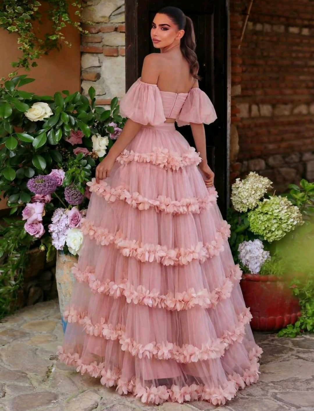 Open Shoulder Puff Sleeve Crop Top And Layered Ruffle Chiffon Skirt Set